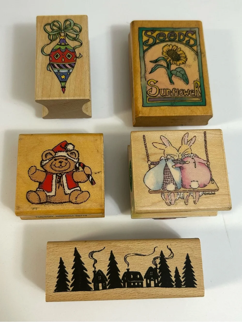 Vintage Wooden Craft Rubber Stamp Set - Assorted Designs in Natural Wood